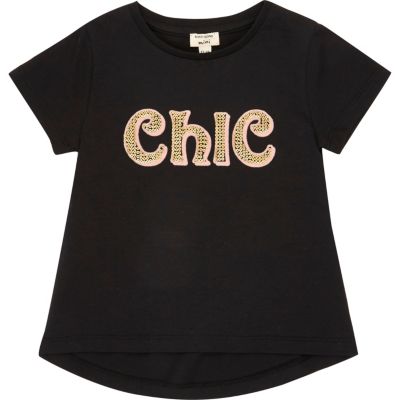 Mini girls black chic print T-shirt